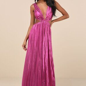 Lulus Shining Luxury Magenta Metallic Lurex Cutout Maxi Dress Pink - Size XXS